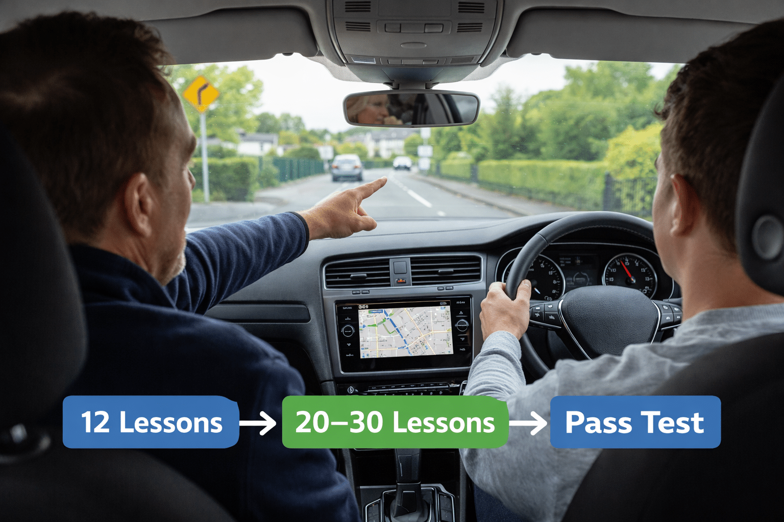Driving instructor guiding a learner driver during a lesson with dashboard view and road ahead in Ireland