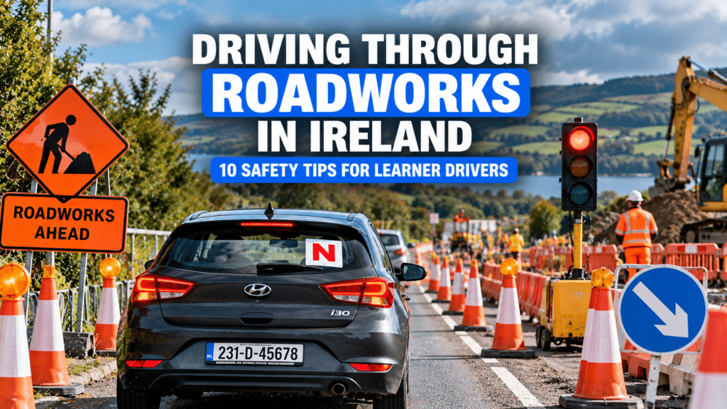 Learner driver driving through roadworks in Ireland with temporary traffic lights, orange cones, construction workers and road signs.